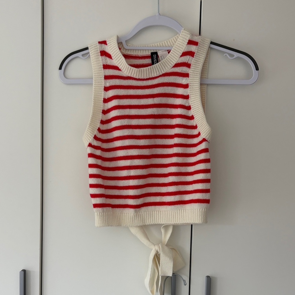 Cream and Red Striped Knit Tie-Back Tank Top